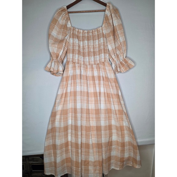 AURA Plaid Midi Dress Women Medium Orange White Smocked Puff Sleeve prairie - Picture 8 of 8